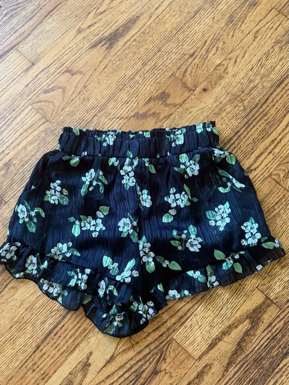 Blue Rain Black Floral Ruffle-Trim High Waist Shorts